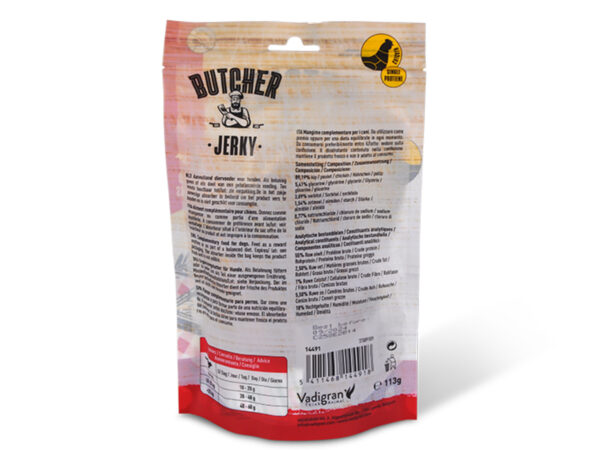 Vadigran Butcher Chicken Jerky for Dogs 113g packet details